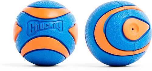 Chuckit ! Balle Pour Chien Ultra Couineur, Jouet Flottant En Caoutchouc Durable À Haut Rebond, Compatible Avec Un Petit Lanceur, Bleu Et Orange, Petit, Lot De 2
