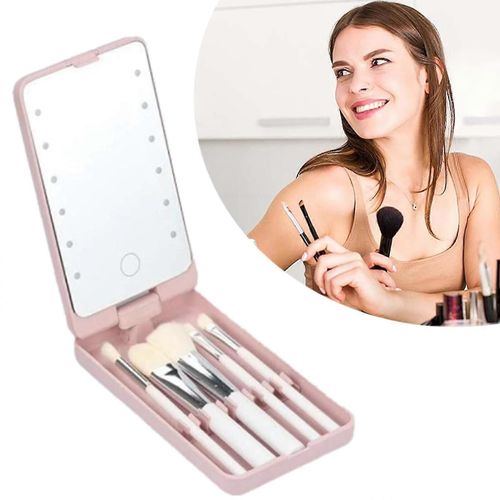 (Rose) Ensemble De Pinceaux De Maquillage De Voyage Avec Miroir Lumineux Led Et 5 Pinceaux De Maquillage À Offrir 