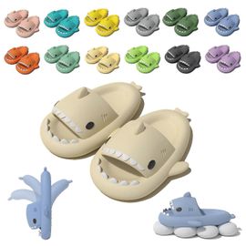 (36-37-Adulte-Femme-Beige) Chaussons Requin Nuage, Diapositives Requin Mignonnes Pour Femmes Homme, Sandales Pantoufles D'été Pour Garçons Filles Chaussures De Plateforme De Spa Chaussures De Plage Antidérapantes