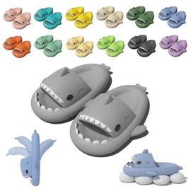 (36-37-Adulte-Femme-Gris) Chaussons Requin Nuage, Diapositives Mignonnes Requin Pour Femmes Homme, Sandales Pantoufles D'été Pour Garçons Filles Chaussures De Plateforme De Spa Chaussures De Plage Antidérapantes