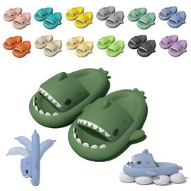 (44-45-Adulte-Femme-Vert Foncé) Chaussons Shark Cloud, Diapositives Mignonnes Shark Pour Femmes Hommes, Sandales Pantoufles D'été Pour Garçons Filles Chaussures À Plateforme Spa Chaussures De Plage Antidérapantes