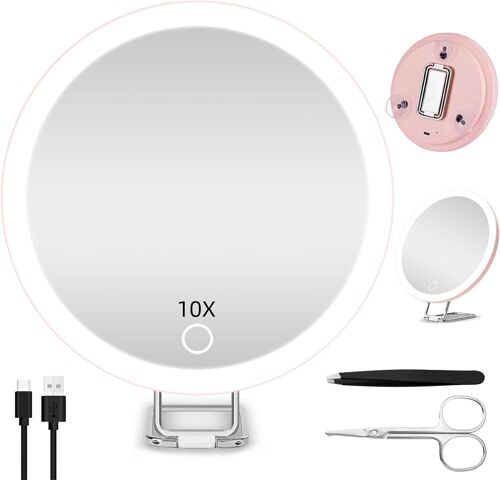 Compact Led Mirror 10x Magnifying Mirror With Light, 15cm Travel Mirror With Magnification, Rechargeable Lighted Magnifying Mirror, Portable Makeup Mirror Gift