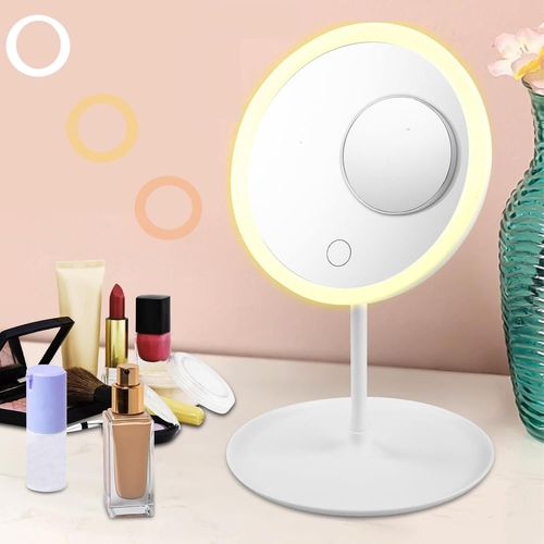 Kalanka-Miroir De Maquillage Avec Éclairage, Lumière Led, Miroir Grossissant 10x, 3 Modes De Couleur, Luminosité Réglable, Ventouse Rotative À 90° 
