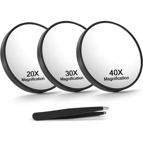 Tianyi-Miroir Grossissant 20x/30x/40x Avec Ventouses Et Pinces, Miroir De Maquillage Grossissant De Voyage De 8,9 Cm, Noir, 3 Pièces 