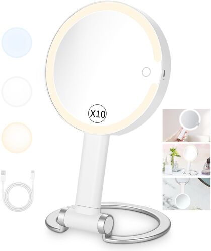 Lighted Makeup Mirror, Illuminated Magnifying Mirror, Travel Magnifying Mirror, 10x Double Sided 10x/1x Rechargeable Lighting With 3 Colours, Foldable, Handheld, Hanging, Table Top