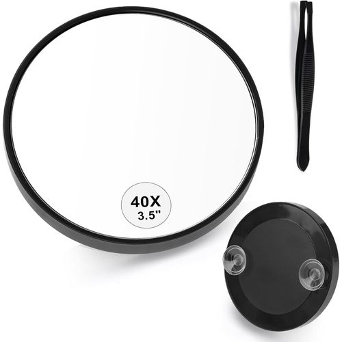 Kal-Miroir Grossissant X 40, 8,8 Cm, Avec Ventouse Et Pince À Épiler, Miroir Grossissant De Voyage, Noir Pour L'épilation Des Sourcils, Le Maquillage 