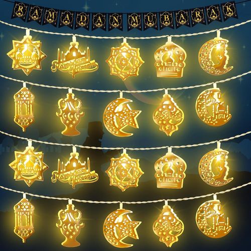 Guirlande Lumineuse Ramadan - 3 M - 20 Led - À Piles - Étoile Et Lune - Pour Musulman, Ramadan, Aïd Mubarak, Décoration De Maison, Accessoires De Fête
