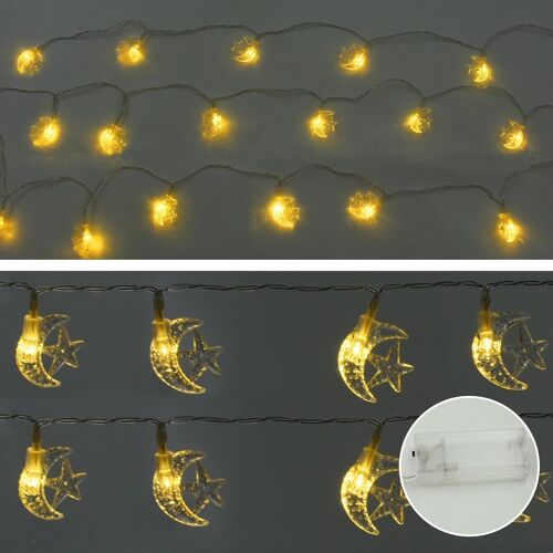 KAL-Guirlande Lumineuse D'Extérieur 3 M - 20 Led - Avec Piles - Motif Lune Et Étoiles - Guirlande Lumineuse D'Intérieur - Guirlande Lumineuse Ramadan Pour Balcon, Décoration De Jardin, Chambre