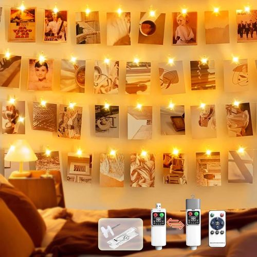 Jgd-Guirlande Lumineuse À 20 Led Pour Photos - 2 M - Rechargeable - Avec 20 Pinces - 8 Modes - Avec Minuterie - Guirlande Lumineuse Photo Pour L'intérieur Et La Chambre - Noël