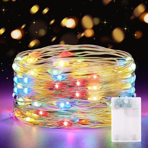 KAL-Guirlande Lumineuse Led À Piles 5M 50 Leds, Mini Guirlande Led Avec Minuterie Interieur Extérieur Décoration Lumière Pour Chambre Noël Mariage Anniversaire Soirée,