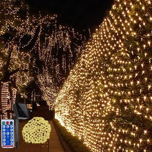 Jgd-Filet Solaire Guirlande, 100 Led Extérieur Arrière Cour Patio Net Lumière 1.5x1.5m Balcon Clôture Maille Fée Lumière 8 Modes, Mur Toit Rideau Saint-Patrick Décor (Blanc Chaud)