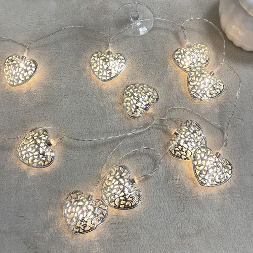 Led Forme De C?ur 3 M Alimenté Par Pile 20 C?urs Blanc Chaud Led C?ur Pour Chambre À Coucher Mariage Coiffeuse Décoration (Argent,3m/20led)