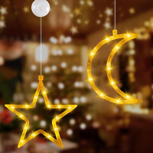 Kal-2 Pièces Fenêtre Décorative De Noël Avec Lune, Étoile, 10 Led Rideau Lumineux Blanc Chaud À Piles, Lumineuse Étoile, Avec Ventouse, Pour Décoration Intérieure/Extérieur De Fenêtre Fête
