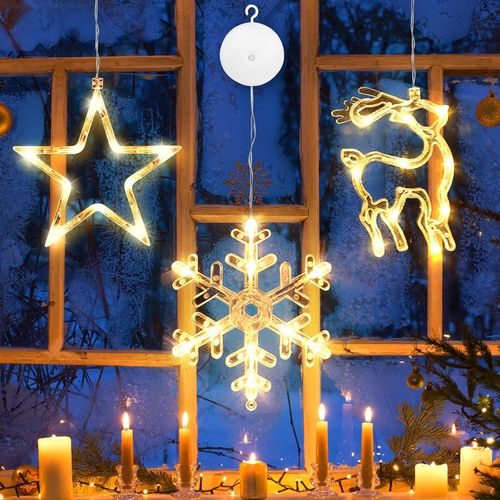 Kal-Lot De 3 Éclairages De Noël Pour Fenêtre - Éclairage Led - Étoiles Lumineuses - Fonctionne Avec Piles - Pour L'extérieur, L'intérieur, Le Balcon, Le Jardin - Blanc Chaud - Décoration De