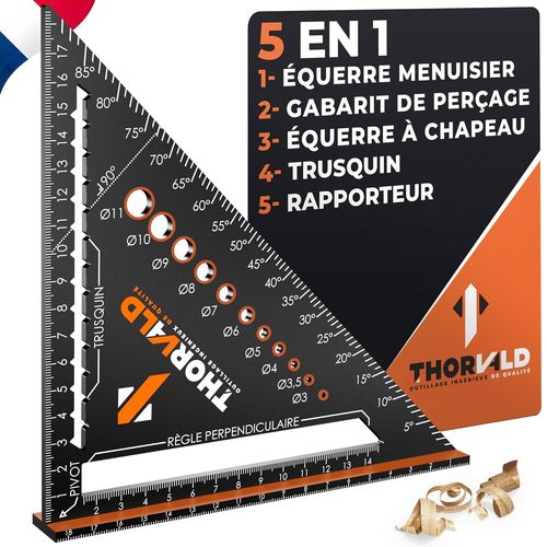 ERYI-5 En 1 Equerre Menuisier 180 Mm - Multifonction : Trusquin/Raporteur/Gabarit De Percage/Equerre A Chapeau - Aluminium - Outil Pour Gagner Du Temps