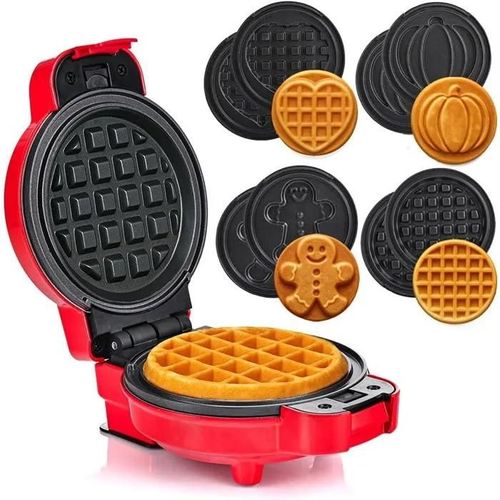 LEHMANN Mini Gaufrier avec Plaques Interchangeables, 4 formes Citrouille, Pain depices, C?ur et Classique, Revetement antiadhesif
