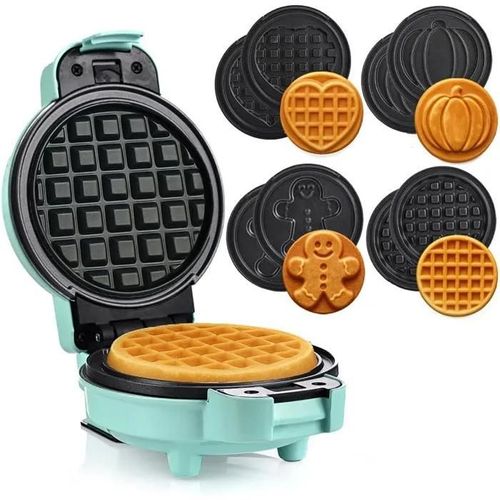 LEHMANN Mini Gaufrier avec Plaques Interchangeables, 4 formes Citrouille, Pain depices, C?ur et Classique, Revetement antiadhesif