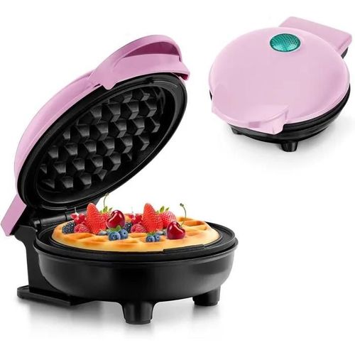 Mini Gaufrier pour Gaufres Classiques, Petit Gaufrier avec Antiadhesif Design Retro pour Anniversaires, Fetes de Famille, Rose