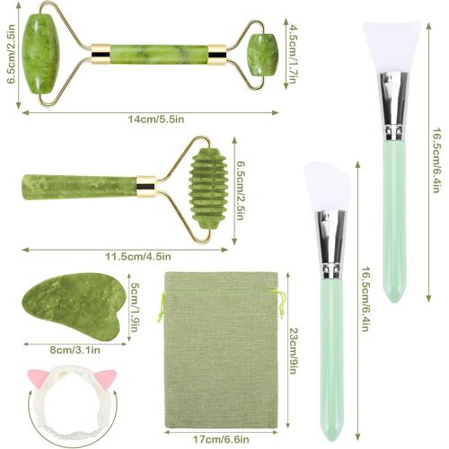 Kal-Rouleau De Jade Et Gua Sha -Jade Roller Visage Et Gua Sha Masseur -Rouleau De Jade Double Extrémité Et Pierre De Massage Naturelle Avec Sac De Rangement Pour Anti-Âge Anti-Rides