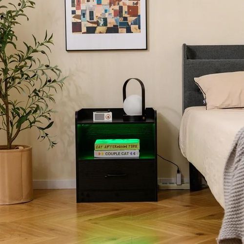 Costway Table De Chevet Led Avec Étagère Ouverte, Tiroir Coulissant, Lumière Multi-Couleurs, Télécommande Pour Salon, Chambre Noir