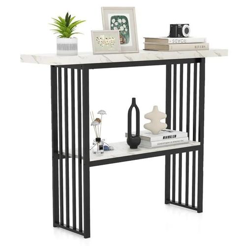 Johnsonstore Console Meuble Entrée À 2 Etages Imprimée Marbre, Cadre En Métal, 120 X 29,5 X 92,5 Cm (L X L X H), Blanc + Noir