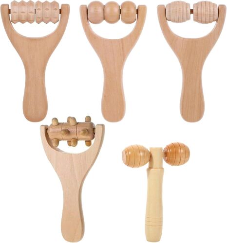 Kal-Massage En Bois Affronter 5 Pièces Rouleau De Massage En Bois Maderotherapie Visage Massage Doigt Bois Rouleaux De Massage Manuel, Rouleau Massage Pour Jambes, Mains, Taille, Dos