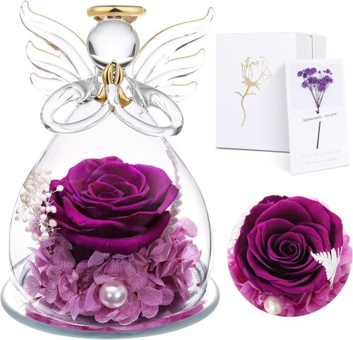 Cadeau de Noël pour Femme - Rose Eternelle sous Cloche Ange Cadeau Femme, Fleurs Eternelles Anges Gardiens,Véritable Rose Préservée,Cadeaux d'anniversaire pour Maman Grand-mère,Décorer D'intérieur