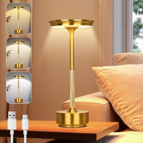 Lampe De Table Led Sans Fil, Lampe De Table Rechargeable Avec 3 Températures De Couleur, Variation D'intensité Possible À L'infini, Luminaire Pour Utilisable Intérieur/Extérieur (Or)