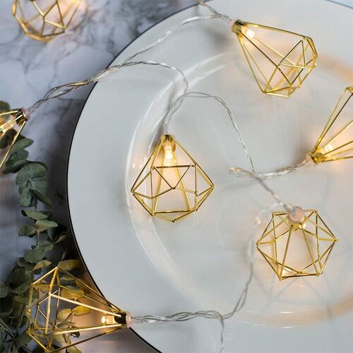 KAL-Guirlande Lumineuse Géométrique À Led En Métal - 3 M - 20 Led - Fonctionne Avec Piles - Pour Chambre À Coucher, Mariage, Noël, Décoration De Maison - Blanc Chaud - Diamant - Ip44 - Guirlande Lumi