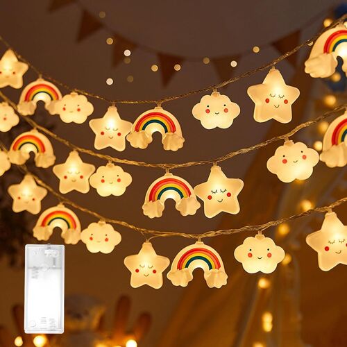 KAL-Guirlande Lumineuse À Led,Avec 20 Led,3M,Forme Étoile Forme Arc-En-Ciel,À Piles,Pour Noël,Chambre D'Enfant,Fête, Jardin,Mariage Décoration (Blanc Chaud (Étoiles + Nuages ¿¿+ Arc-En-Ciel))