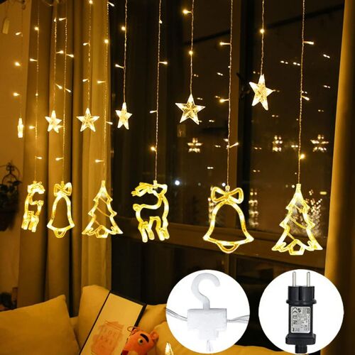 Guirlandes Lumineuses D'Intérieur 2.3M Rideau Lumineux 138Led Étoiles Cerfs Cloches Et Sapin De Noël Decoration Pour Fenêtre Mur Soirée Noël Mariage Anniversaire Maison Patio Fêtes