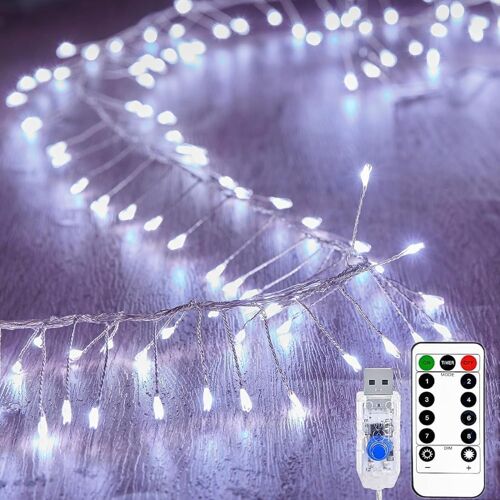 KAL-200Led Cluster Lumières Alimenté Par Usb, Guirlande Lumineuse Sapin De Noel Avec Télécommande Étanche Rideau Lumineux 8 Mode Féeriques Lumiere Décoration Noël,Chambre (Blanc, 6M 200Led)