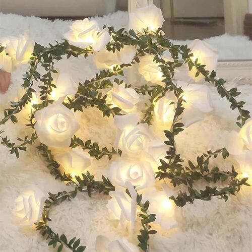 KAL-Guirlande Lumineuse À Piles - 3 M - 20 Led - Avec Feuilles - Décoration De Mariage Romantique - Blanc - Pour Mariage, Chambre À Coucher, Noël
