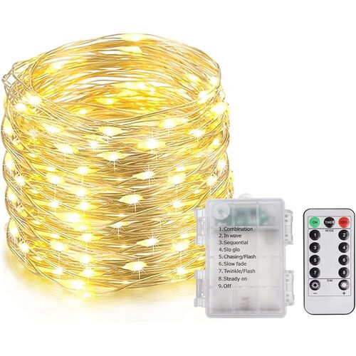 TRAHOO-Guirlandes Lumineuses à 200 LED et à Piles, 20M Fil D'argent Guirlandes Lumineuses avec Télécommande pour Chambre, Maison, Mariage, Arbre, Fête, Noël, Intérieur Extérieur IP65 - Blanc Chaud