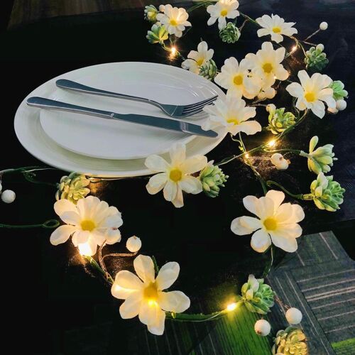 KAL-Guirlande Lumineuse Artificielle De Marguerite Succulentes,Guirlande De Fleurs À Piles Pour Chambre Saint Valentin Mariage Fête Décoration (Marguerite Blanc)