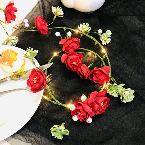 KAL-Guirlande Lumineuse Artificielle De Roses Succulentes,Guirlande De Fleurs À Piles Pour Chambre Saint Valentin Mariage Fête Décoration (Rouge)