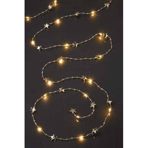 Kal-521597 Guirlande Lumineuse Led En Cuivre Avec Perles De Corde, Étoiles Dorées, 20 Led Blanc Chaud, Longueur De La Lumière : 190 Cm, Couleur Du Câble Argenté Et Doré, Pour L'intérieur, À Piles
