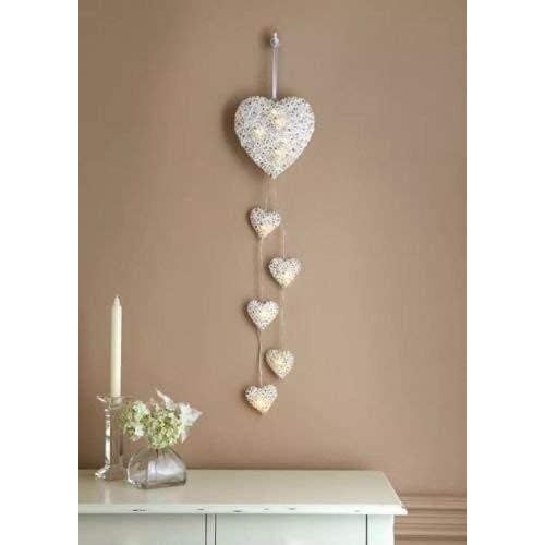 Rustique Shabby Chic 6x Tenture coeurs en osier Guirlande LED lumières à piles coeurs rotin Stickers muraux pour le Festival Accessoires Décoration