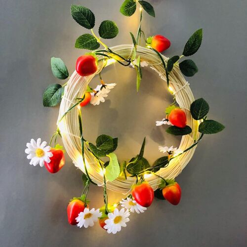 KAL-Nouveauté 2M 20Led Fleur Blanche Fraise Guirlande Lumineuse Artificielle Fraise Lierre Guirlande Fil Cuivre Guirlande Lumineuse Batterie Avec Télécommande 8 Modes(Batterie Avec Télécommande 8 Mod