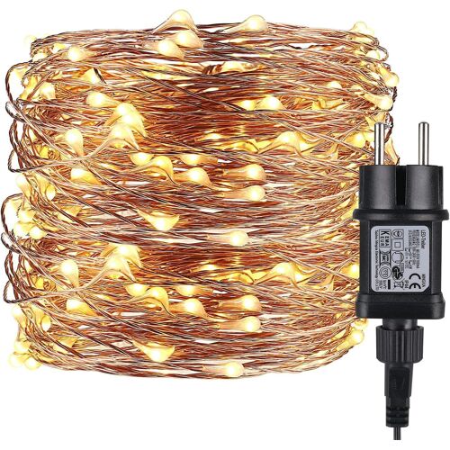 Kal-Guirlande Lumineuse 32m 320led, 24v Led Fil De Cuivre Étanche Ip65 Avec Adapteur Alimentation, Chaine De Lampe Décoration Extérieur/Intérieur Pour Noël Fête Jardin Maison(Blanc Chaud)