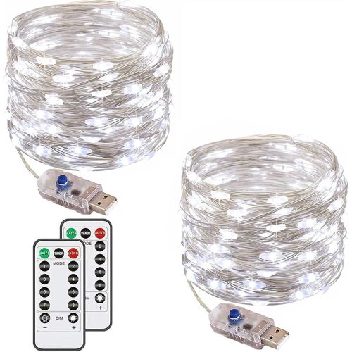 TRAHOO-Lot de 2 guirlandes lumineuses à DEL, 120 LED, 13 m, étanche, avec télécommande et minuterie, 8 modes, pour chambre, mariage, fête, décorations de Noël (blanc froid)
