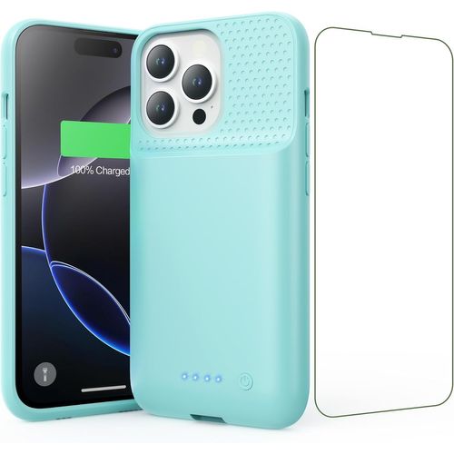 Kalanka-Coque Batterie Pour Iphone 16 Pro, 7500mah Batterie Externe Rechargeable, Charge Rapide Chargeur Portable Boitier D`Extension Avec Verre Trempé Batterie L'étui Pour Iphone 16 Pro(6,3"") (Vert)