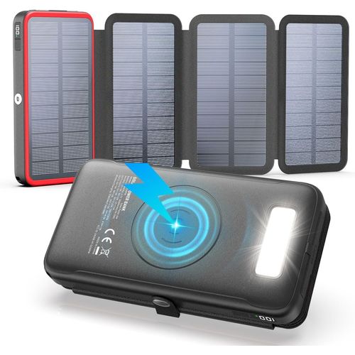 Chargeur Solaire 27000mah Batterie Externe Sans Fil - 22,5w Charge Rapide Usb-C Power Bank Avec Trois Sorties Usb Pd 4.0 Qc 3.0 Et 4 Panneaux Solaires Pour Smartphones, Tablettes (Bleu)