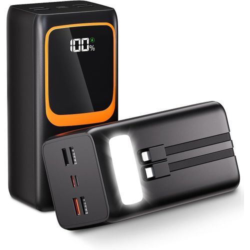 50000 Mah Power Bank Avec Câble Intégré : Batterie Externe De Charge Rapide De 22,5 W Avec Grande Capacité, Chargeur Portable Avec Lampe De Poche Led Et 7 Sorties Et 3 Entrées. Mp3 With