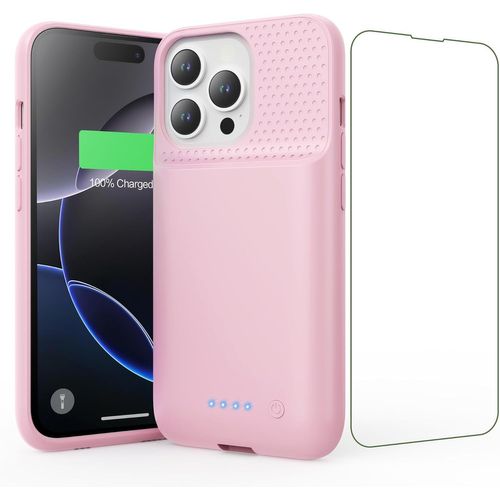 Kalanka-Coque Batterie Pour Iphone 16 Pro, 7500mah Batterie Externe Rechargeable, Charge Rapide Chargeur Portable Boitier D`Extension Avec Verre Trempé Batterie L'étui Pour Iphone 16 Pro(6,3"") (Rose)