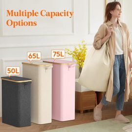 Panier à Linge Extra Plat 75LPaniere a Linge Sale avec CouvercleCorbeille a Linge Bambou avec Sac Amovible et PoignéeBac Linge Etroit pour ChambreSalle de BainBuanderieBeige