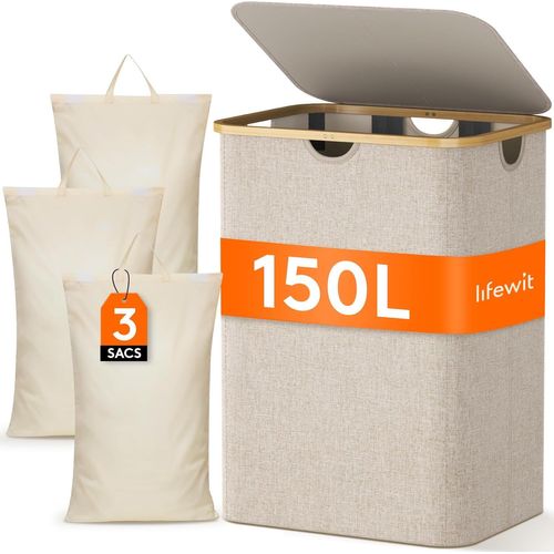 SJZG-150L Panier À Linge Avec 3 Compartiments Et 3 Sacs À Linge, Grande Corbeille À Linge Pliable En Bambou Avec Couvercle Pour Chambre, Salle De Bain, Buanderie, Beige