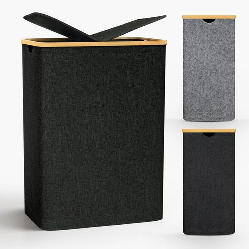 TIANYI-Panier à Linge Sale Pliable, 140L Panier a Linge 2 Compartiment, Bac a Linge sale avec Poignées en Bambou, Paniere a Linge avec Sac Amovibles en Tissu Oxford pour Buanderie, Chambre, Salle de