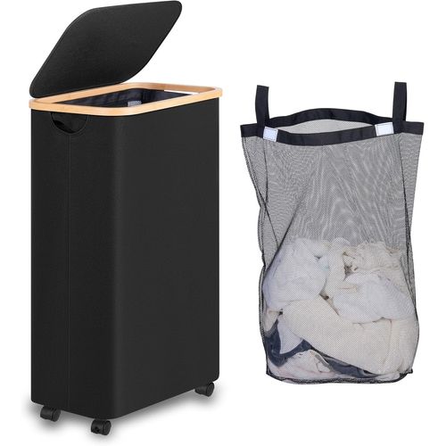 SJZG-Panier À Linge 75L Avec Couvercle, Panier A Linge Avec Roues Et Poignée En Bambou, Corbeille A Linge Avec Sac Intérieur Amovible Et Lavable Pour Salle De Bains De Chambre À Linge (Noir)