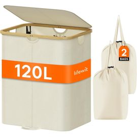 Panier a Linge 2 Compartiment 150L avec CouvercleCorbeille a Linge avec Poignées Bambou et Double Sac à Linge AmoviblePaniere Linge Pliable pour ChambreSalle de bainBuanderieGris